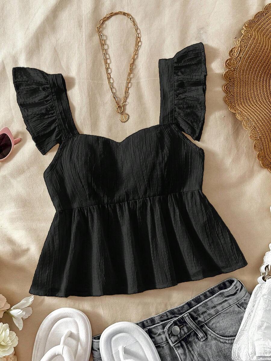 SHEIN TEENGIRL 黑色纹理面料盖袖 A 字衬衫，适合度假、音乐节、波西米亚风、节日、下午茶