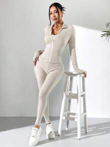 SHEIN EZwear Apricot Knitted Jacket Vest And Leggings Women Sports Suit - Beige - View 4