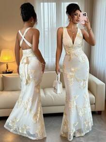 Rafferiza Mesh Floral Bodycon Long Dress For Women Summer Dress Looks Of Party - Yellow - View 1