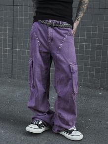 Manfinity Roghcode Celana Jeans Kargo Pria Ukuran Besar Motif Bunga Ungu, Potongan Lebar, Gaya Anak Muda, Modis dan Bergaya, Cocok untuk Pesta, Jalan-jalan, Makan Malam, Musim Panas, Gaya Vintage Y2K - Purple - View 3