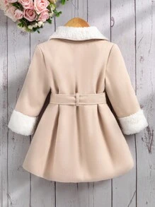 SHEIN Baby Girls' Autumn/Winter Fashion Elegant Classic Long Sleeve Lapel Faux Fur Collar Overcoat