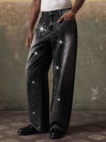 AKNOTIC Celana Jeans Panjang Pria Kasual Longgar Bahan Tenun, Pakaian Sehari-hari, Gaya Grunge - Hitam - View 2