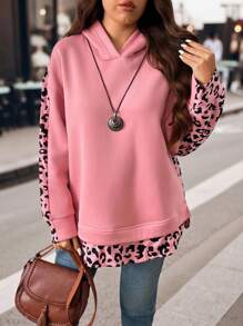 EMERY ROSE Sweatshirt Lengan Panjang Wanita Ukuran Plus Motif Leopard Kontras dengan Lapisan Fleece, Atasan Kasual untuk Aktivitas Luar Ruangan, Pullover Gaya Unik untuk Musim Gugur dan Musim Dingin. - MultiWarna - View 4