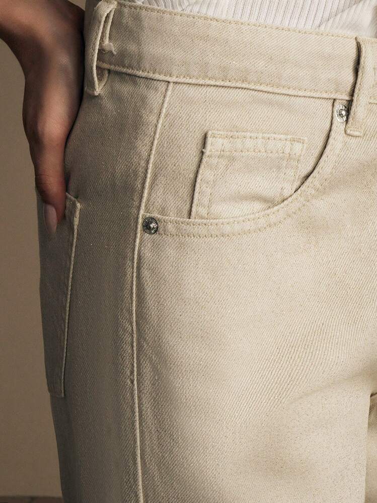 Anewsta 休闲通勤杏色金箔直筒牛仔裤 - 杏色 - 查看 7