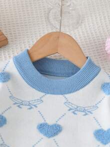 SHEIN 两件套女童毛衣套装，提花爱心图案，可爱简约，日常穿着。女童蓝色毛衣裙套装，女童毛衣裙，幼儿女童毛衣裙套装，女婴蓝白套装，女童春季毛衣裙，幼儿女童毛衣，女童秋季套装，女童冬季服装，儿童秋季服装。 - 藍色 - 查看 3