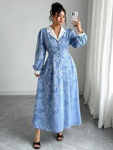 Elenzga 大码女式法式休闲提花长袖连衣裙蓝色碎花连衣裙纽扣连衣裙翻领连衣裙女式连衣裙 - 淺藍色 - 查看 4