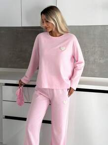 EURMUSE Conjunto de 2 peças de camisa e calça de manga comprida com bordado de coração e gola redonda plus size para mulheres, roupa de casa elegante - Rosa - Ver 3