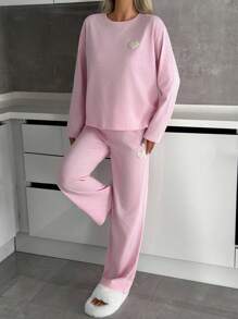 EURMUSE Conjunto de 2 peças de camisa e calça de manga comprida com bordado de coração e gola redonda plus size para mulheres, roupa de casa elegante - Rosa - Ver 7