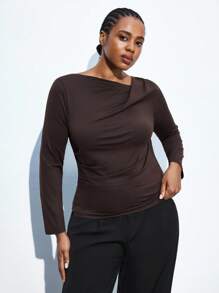 Maija Camiseta de manga larga de base de color café con cuello asimétrico para mujer de talla grande, blusa de punto para otoño, fiesta de Navidad, Acción de Gracias