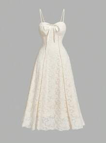 SHEIN MOD 大码女式提花连衣裙，杏色，胸前蝴蝶结，秋季连衣裙，复古，优雅，网纱连衣裙，职业女装 - 杏色 - 查看 4