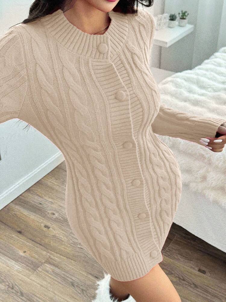EURMUSE Casual Solid Color Cable Knit Front Button Fitted Mini Sweater Dress, Autumn/Winter,Dresses For Women,Jumpers For Women - Beige - View 4