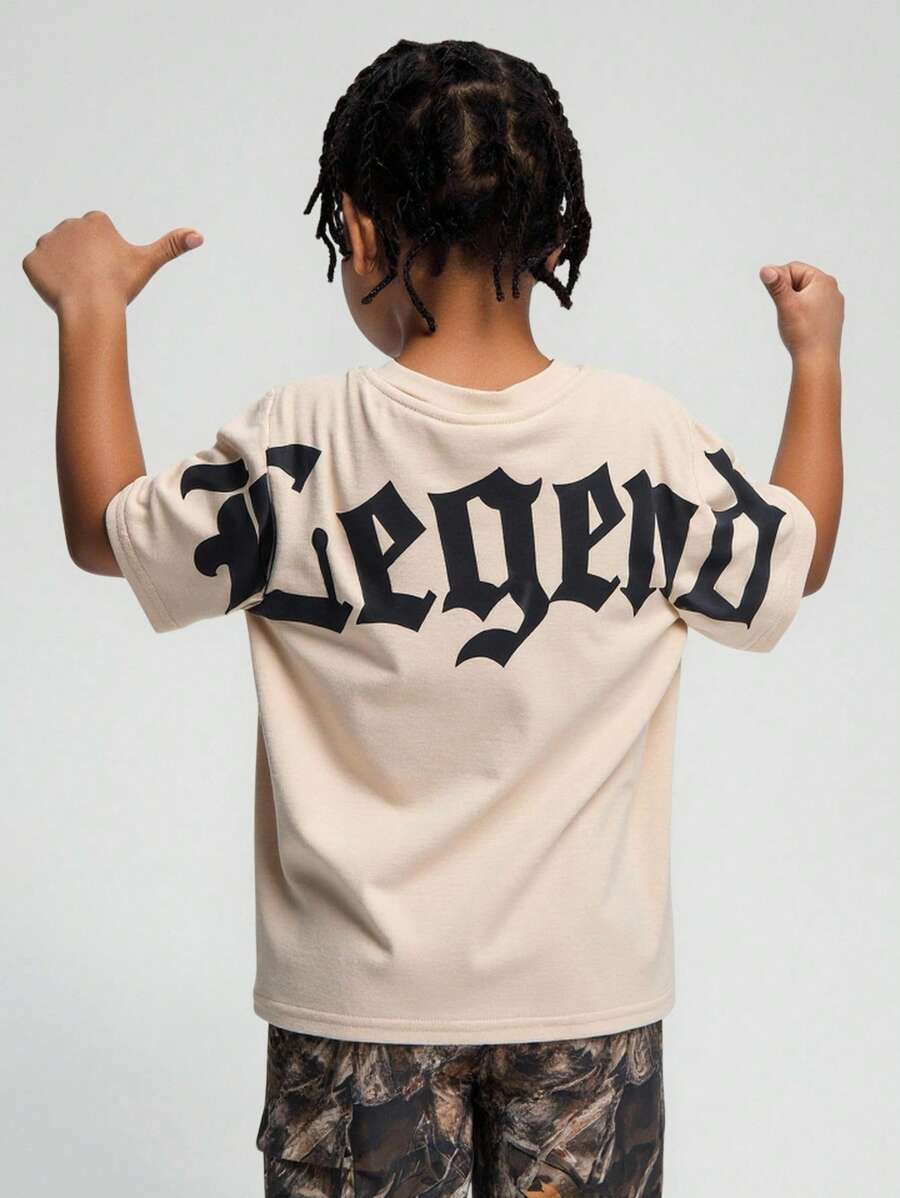 SHEIN 1pc Young Boys Summer Casual Street Graffiti Letters Versatile Pattern Loose Short-Sleeved Knitted T-Shirt,Suitable For School,Daily Vacation & Travel - Apricot - View 1