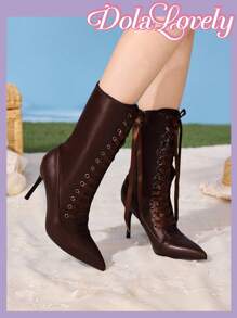 Dola Lovely 可爱性感洛丽塔风格女式缎面系带及膝靴，拉链尖头高跟保暖靴，时尚 - 棕色 - 查看 4