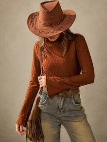 Wildy 休闲美式乡村风格杏色长袖T恤，喇叭袖设计，纹理面料，西部牛仔上衣，女士锈棕色上衣，棕色长袖上衣，西部上衣，乡村音乐会西部服饰，女士乡村外出装 - 杏色 - 查看 4