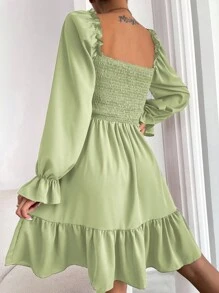 Chiquease Square Neck Shirred Bodice Flounce Sleeve Ruffle Hem Dress Fall Cloth For Women - Mint Green - View 2