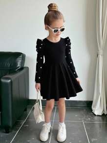 SHEIN Young Girl Knit Splicing Crew Neck Long Sleeve Dress - Black - View 7