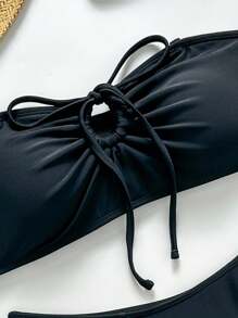 Swim Basics 2pcs Baju Renang Wanita Musim Panas Rajut Warna Polos dengan Tali Serut dan Simpul - Hitam - View 8