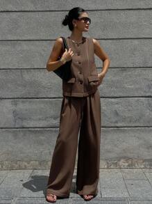 DAZY 2 件套极简主义复古硬币设计无袖圆领单排扣背心和裤子套装，高端时尚 - 棕色 - 查看 1