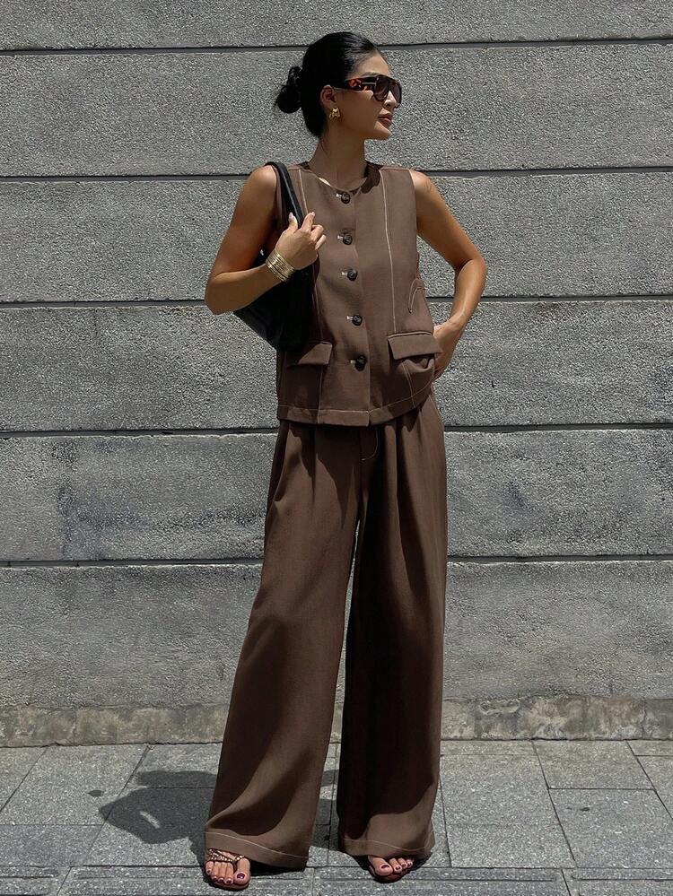 2pcs Minimalist Vintage Coin Design Sleeveless Crew Neck Single-Breasted Vest And Pants Set, High-End Fashion