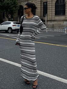 DAZY Black & White Striped Knit Dress For Women,Fall Women Clothes Women Sweater Dresses - Multicolor - View 6