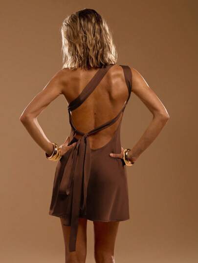 SHEIN BAE Yellow Cream Asymmetric Asymmetrical Shoulder Backless Mini Dress For Women, Elegant Dress, Sexy Backless Dress, Yellow Dress, Spring/Summer,Party Dresses For Women