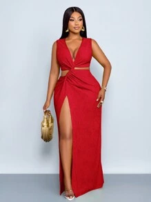 SOLERSUN 大码女式连衣裙，纯色纹理面料，红色高开衩长裙，腰部镂空并饰有打结细节，适合浪漫场合、情人节、派对、音乐节、圣诞节等。图案包括雪花、雪人、姜饼人、驯鹿、拐杖糖，充满圣诞、秋冬等风格。 - 紅色 - 查看 4