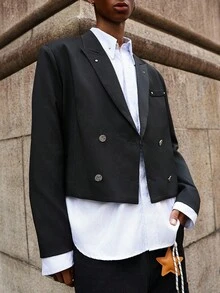 Manfinity EMRG Black Short Casual Blazer Jacket With Double-Breasted Metal Rivet Design, And Versatile, Great Gift For Boyfriend Or Husband , Cropped Blazer Men , Men Short Blazer , Double Breasted Blazer Men , - Black - View 5