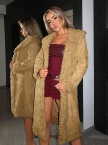 SHEIN ICON Retro Y2K Faux Suede Patchwork Fuzzy Collar Long Cardigan Jacket In Fall/Winter - Coffee Brown - View 1