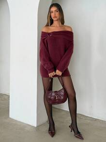 Aloruh 女士性感优雅露肩金属扣腰饰紧身迷你毛衣裙，酒红色，勃艮第红连衣裙，秋冬勃艮第红毛衣 - 酒紅色 - 查看 4