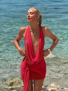 SHEIN ICON Women's Red Sheer Deep Draped Neck Ruched Tie Waist Backless Bodycon Mini Dress Draped Dress,Party Dresses For Women,Dresses For Women Party - Red - View 12