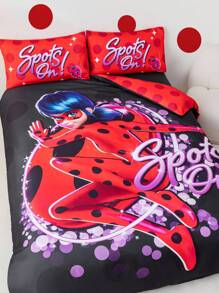 Miraculous Ladybug X SHEIN Juego de Edredón con estampado de lunares y letras de dibujos animados, suave y cálido, diseño sencillo - Multicolor - Ver 2
