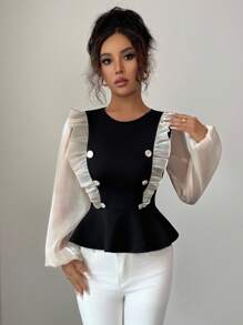 Elenzga Elegant Organza Patchwork A-Line Fitted Long Sleeve T-Shirt, Autumn/Winter Fall Cloth For Women - Black - View 3