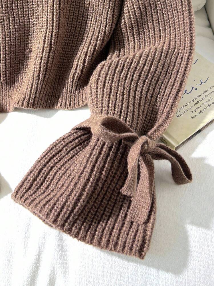 SHEIN Tween Girl Autumn/Winter Brown Coffee Color Knitted Ribbed Cuff Tie Bow Loose Fit Pullover Sweater, For Autumn Winter Casual Daily Wear , Mommy And Me Matching, Chic Autumn, Mother Daughter Brown Knit Sweater With Tie Sleeves - Rust Brown - View 12