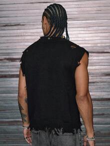 AXEPEAK 男士休闲无袖针织上衣，带有做旧图案印花，适合秋冬穿着 - 黑色 - 查看 3