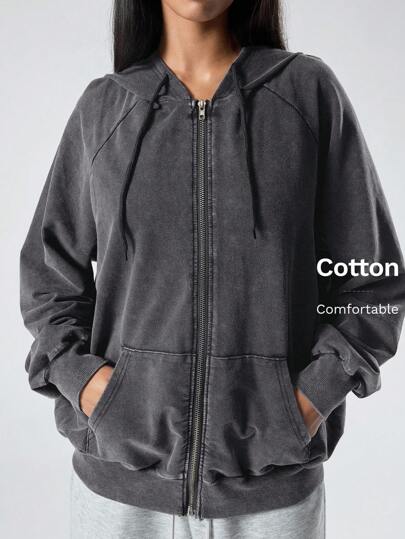 LYSMO Women's Casual Grey Acid-Washed Zip Up Hoodie Sweatshirt, Autumn Cotton