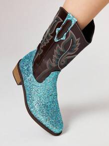 ROMWE Fairycore 2025年新款时尚刺绣亮片拼接女士圆头中筒靴V型开口长筒马靴粗跟修身百搭PU高筒靴女