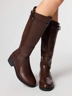 Fairycore Brown Leather Tall Boots With Side Zipper, Flat Bottom Motorcycle Riding Boots For Women, Mid-Calf Boots