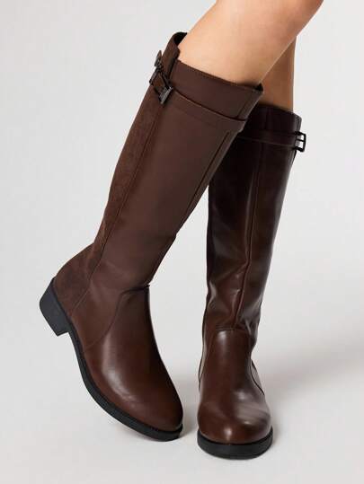 Fairycore Botas altas marrón con cremallera lateral, botas planas para montar en motocicleta para mujeres, botas hasta la pantorrilla