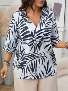 EMERY ROSE Plus Size Women Plant Print 3/4 Sleeve Loose Casual Shirt Autumn, Fall Women's Skirt Plus Size Summer Shirt Plus Size Button Down Shirt - Blue - View 1