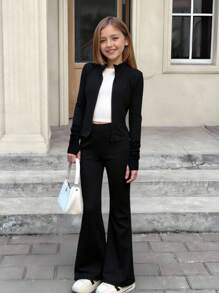 SHEIN 青少年女孩针织舒适贴身小高领拉链夹克和紧身喇叭裤两件套运动休闲套装，秋冬 - 黑色 - 查看 2