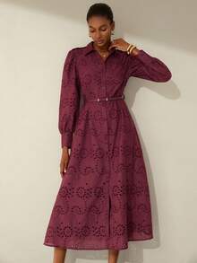 Aveloria Modichic Solid Color Hollow Embroidery Cinched Waist Front Long Sleeve Shirt Dress - Burgundy - View 3