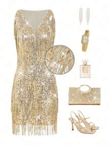 Ellevyn 女士优雅金色亮片流苏闪光 V 领迷你连衣裙