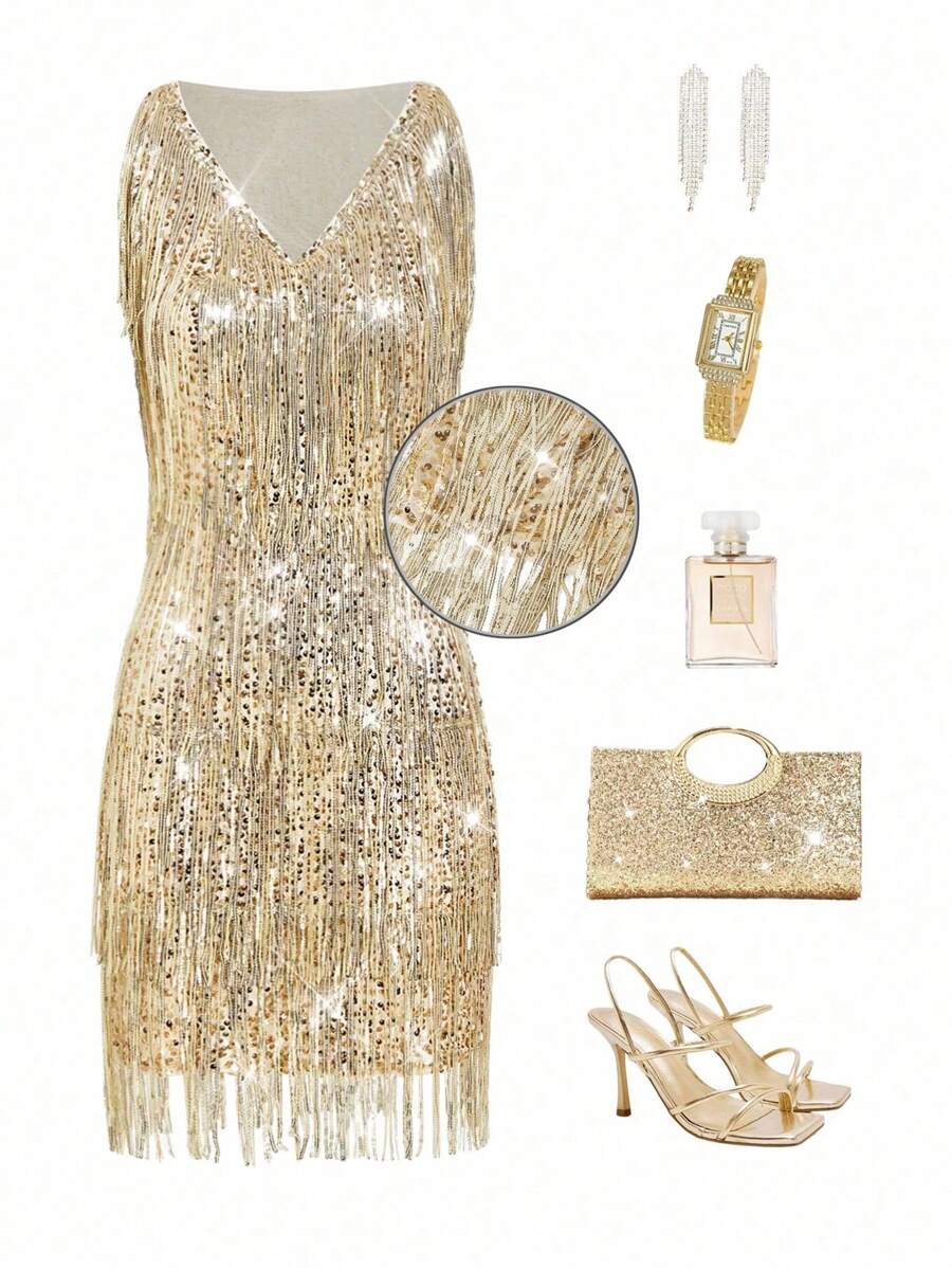 Ellevyn 女士优雅金色亮片流苏闪光 V 领迷你连衣裙