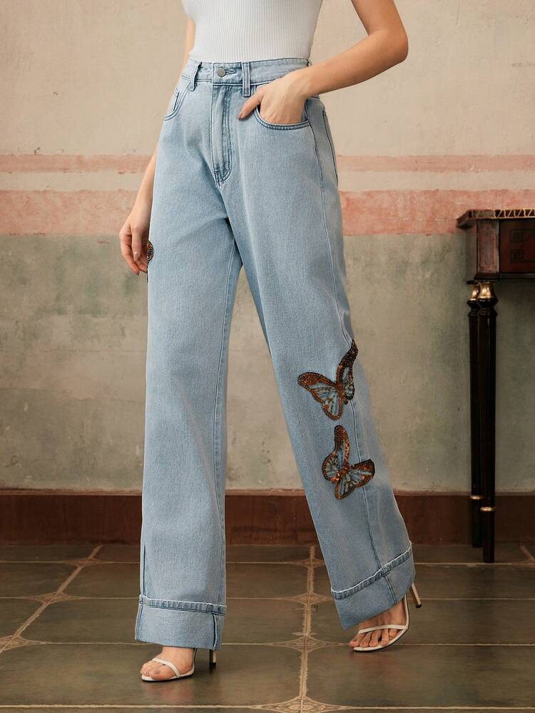 Fashionable Women's Sequin Embroidered Straight Leg Wide Jeans