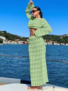 EURMUSE Women's Solid Color Long Sleeve Cropped Top And Hollow Out Jacquard Knit Mini Skirt 2 Pieces Set - Lime Green - View 5