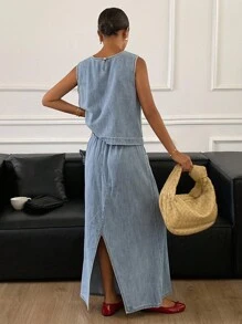 DAZY 西部牛仔女装做旧水洗圆领无袖上衣和 A 字开叉裙休闲牛仔两件套女装，春秋季 - 藍色 - 查看 2