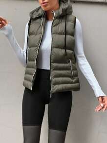 RueChic Zip Up Drawstring Hooded Puffer Vest Coat - Army Green - View 5