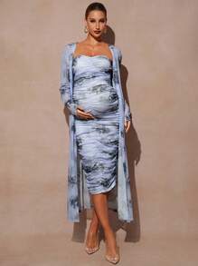 MaterniChic 2pcs/Set Pregnant Women Party Wear Sequined Long Cardigan And Solid Color Ruched Fitted Tube Dress, For Baby Shower Party, For Maternity  Fall Clothes  Maternity  Baby Shower - Blue - View 6