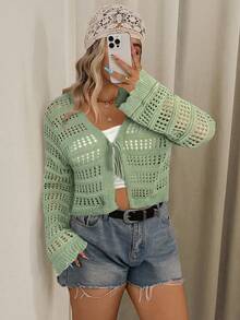 SHEIN VCAY 大码女士度假休闲纯色镂空针织短款开衫、长袖上衣 - 薄荷綠 - 查看 5