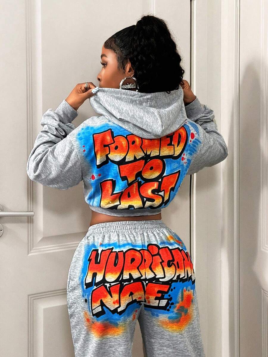 BamGleam Casual Colorful Graffiti Print Long Sleeve Hoodie Pullover Fall Back To School Fashion - Grey - View 1